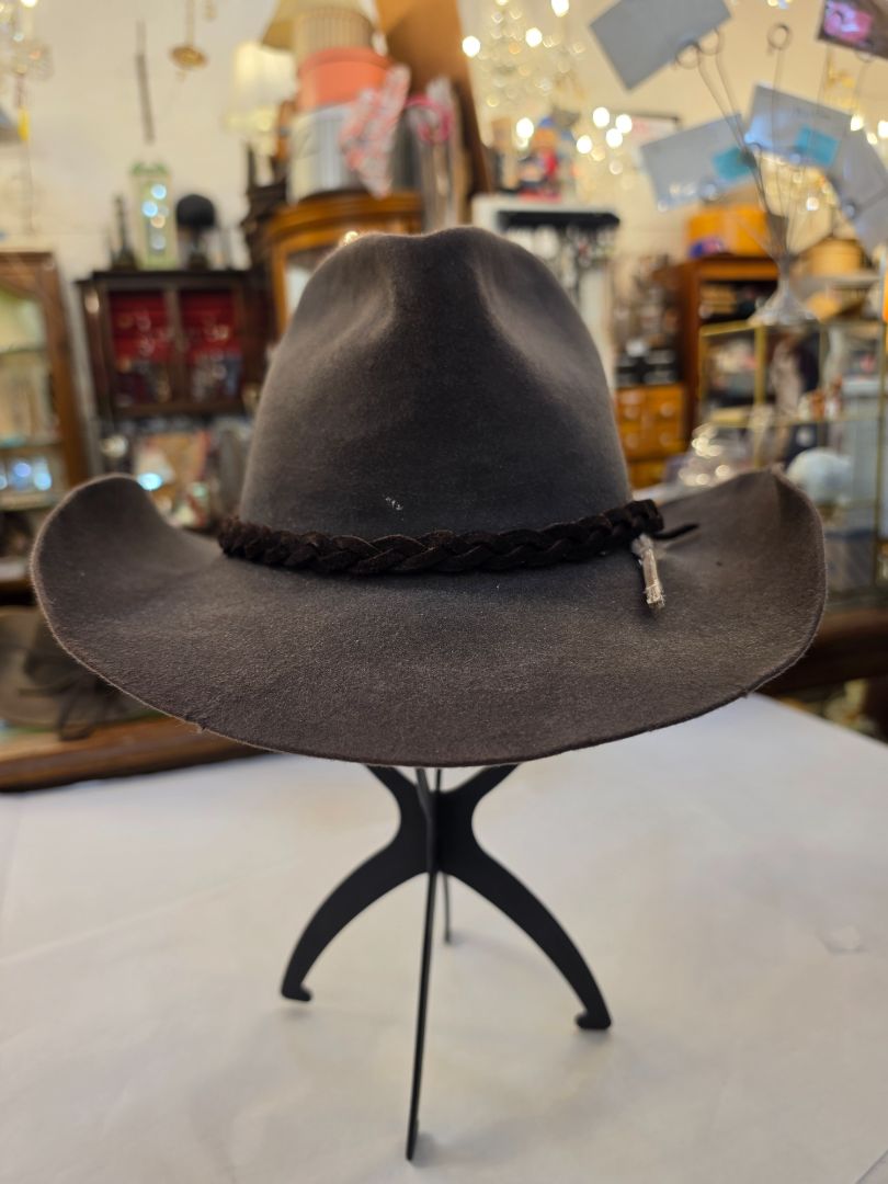 Resistol Hat with braided suede band and wild turkey tail feather