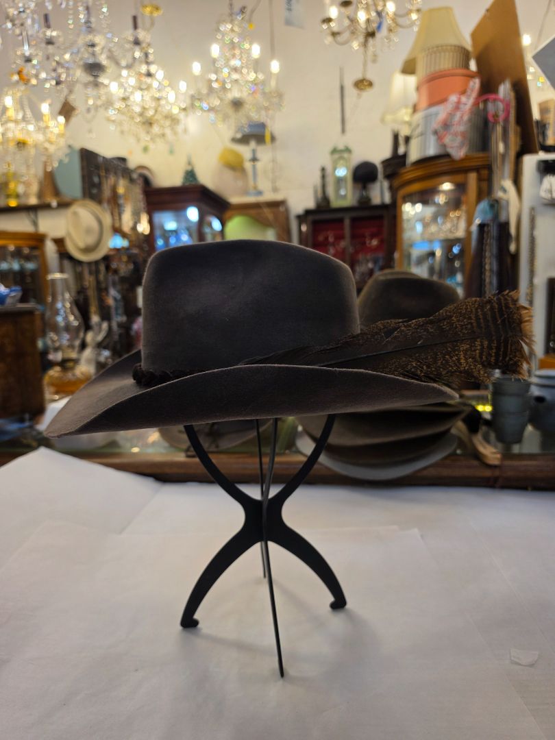 Resistol Hat with braided suede band and wild turkey tail feather