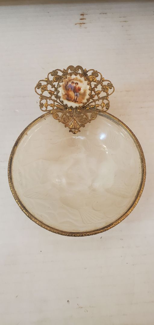 Frosted Glass Dish with Brass Rim