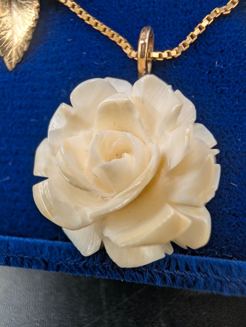 Bone Rose Hand Carved Necklace, Broach, Earring Set