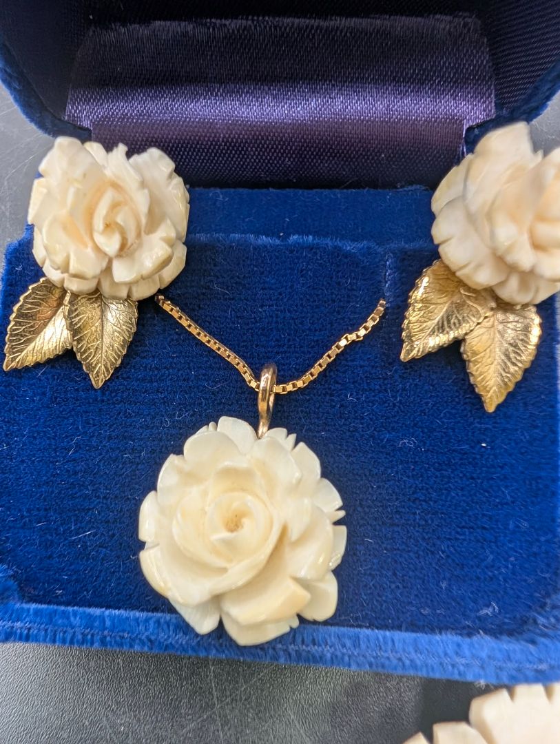 Bone Rose Hand Carved Necklace, Broach, Earring Set