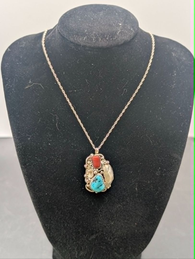 Native turquoise and Coral Necklace Artist Signed