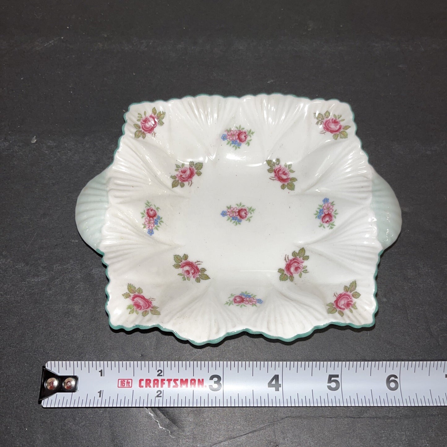 Shelley England Pink/sage Green Floral Bone China Trinket Dish  or Pin Tray