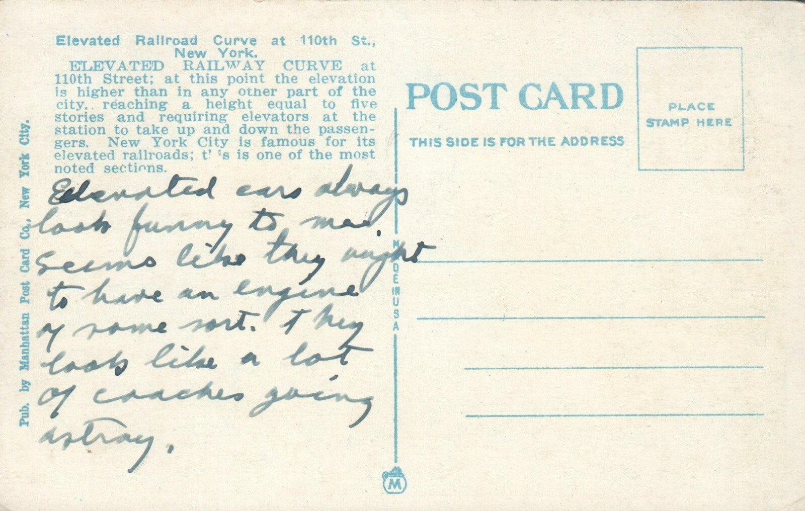 Elevated Railroad Curve 110th Street New York NY Railway Rail Road RR  Postcard