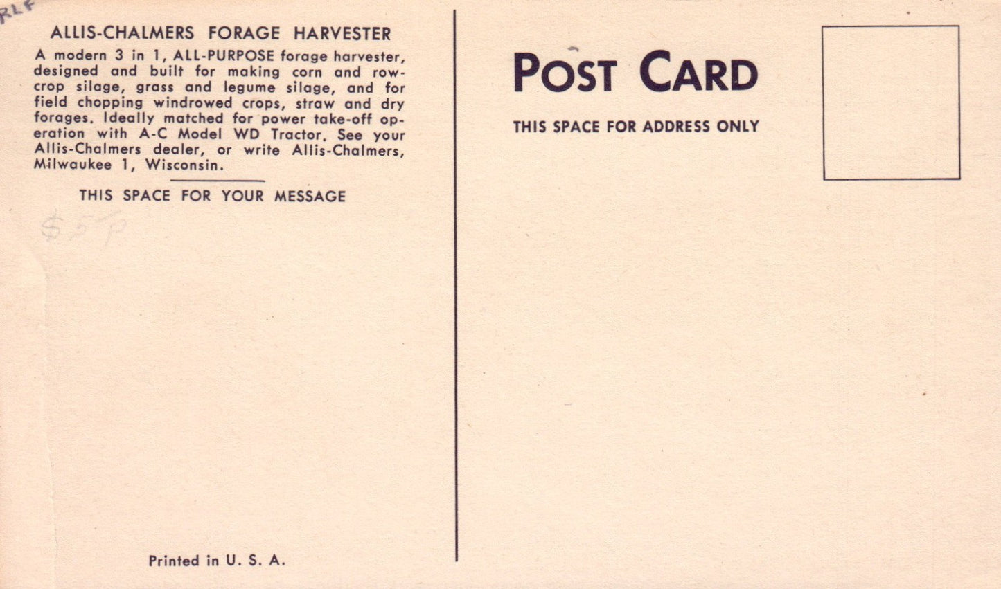 Allis-Chalmers Forage Harvester TRACTOR Vintage postcard