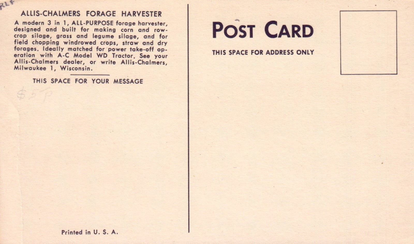 Allis-Chalmers Forage Harvester TRACTOR Vintage postcard