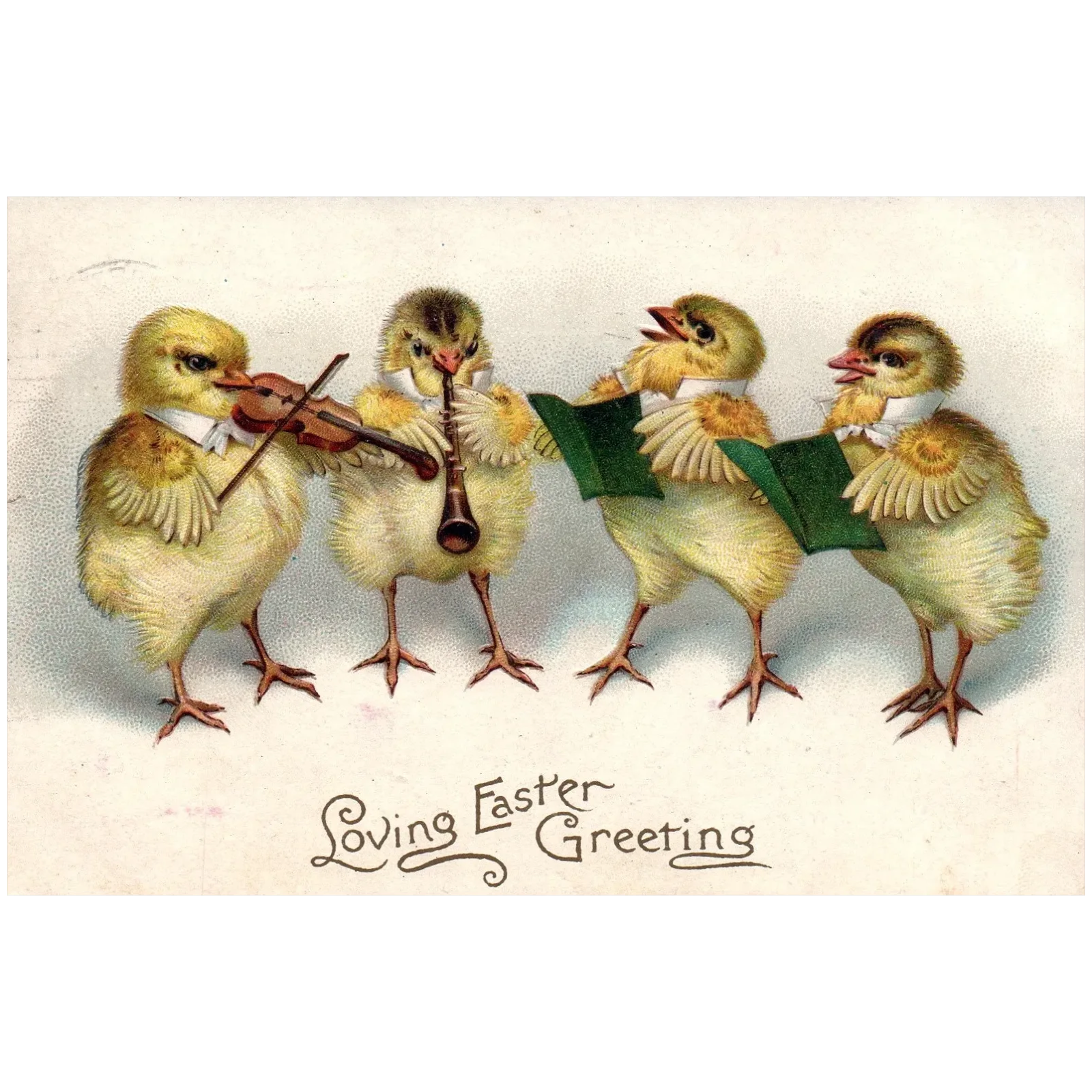Loving Easter Chicks with Instrument & Singing Vintage Easter Postcard