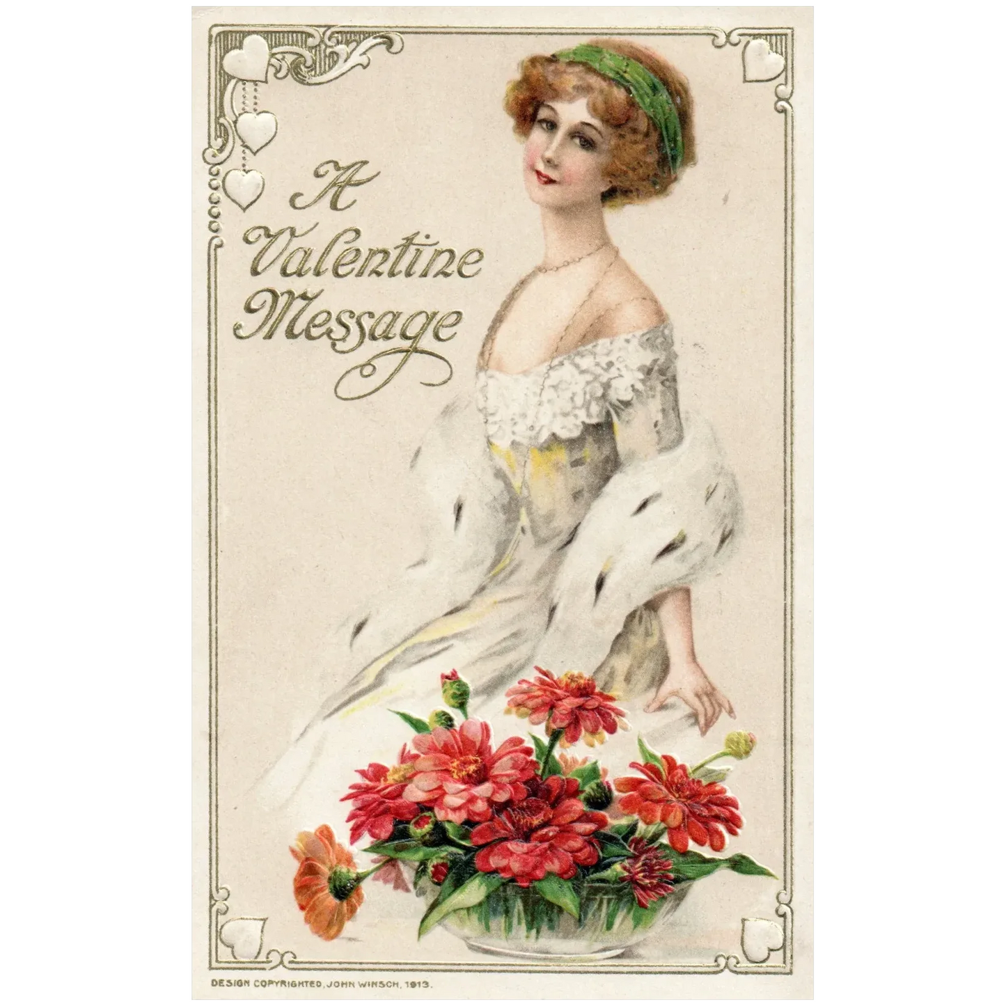 Winsch A Valentine Message Beautiful Woman Basket of Flowers Valentine Postcard