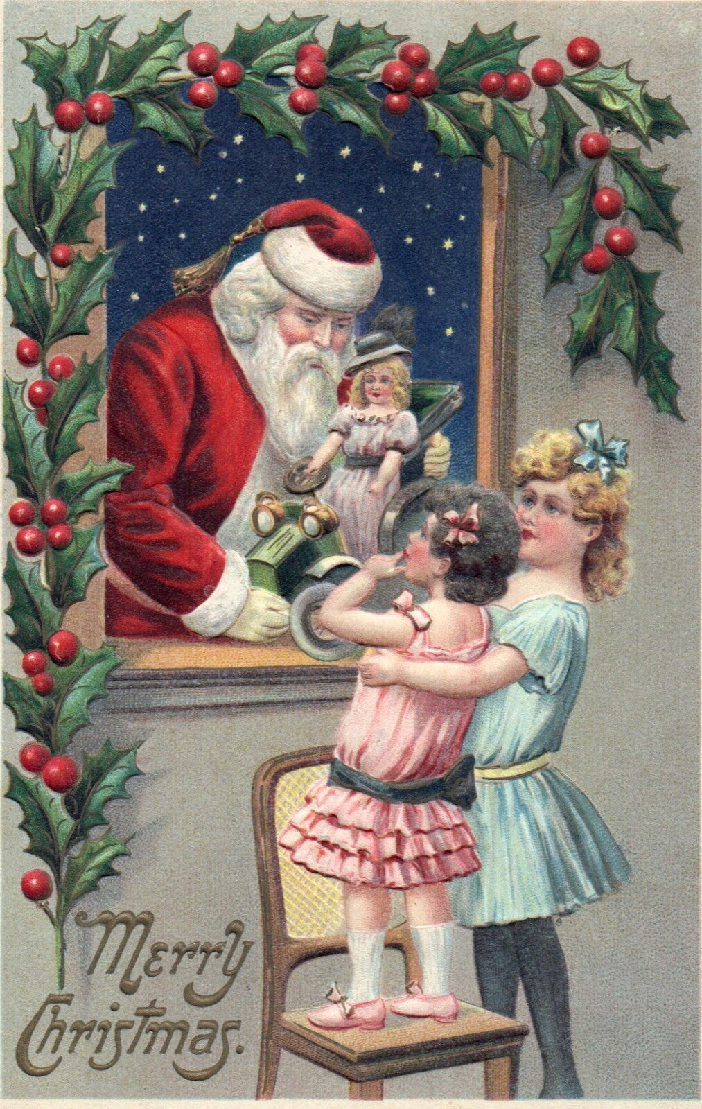 Merry Christmas Santa Giving Gifts Through the Window Vintage Santa Postcard
