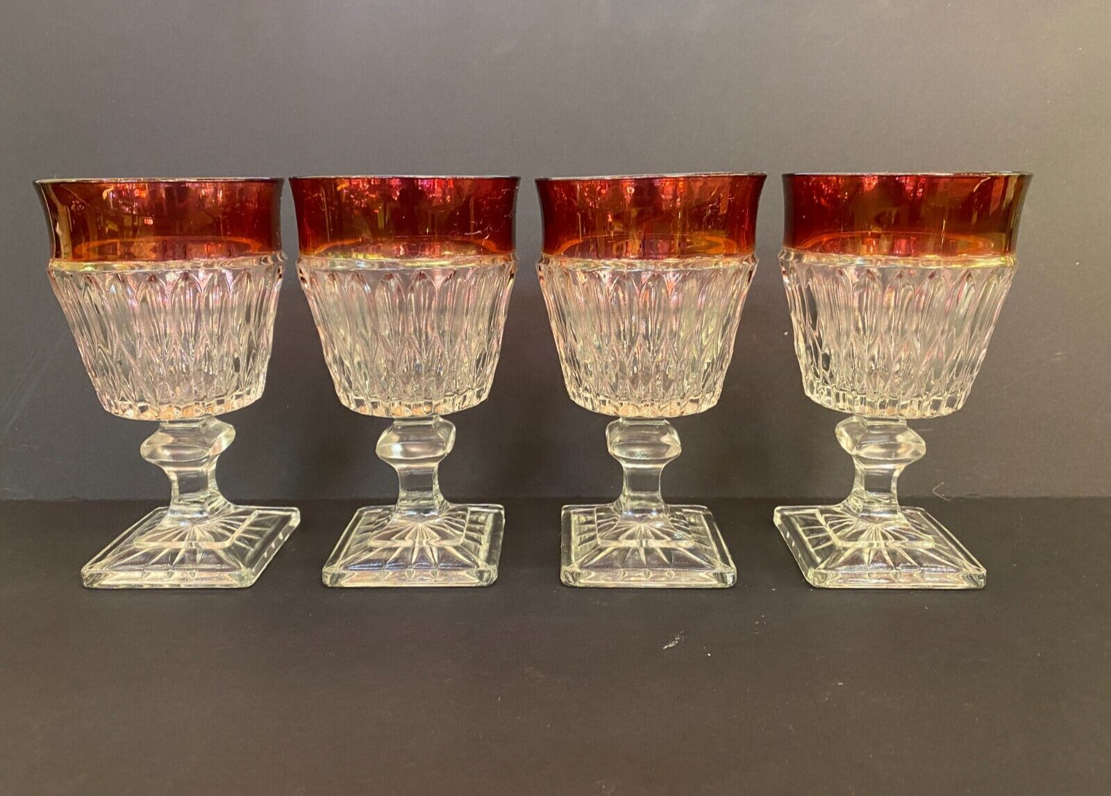 Vintage  Ruby Red Rimmed Set Of 4 Goblet Clear Cut Glass Square Base