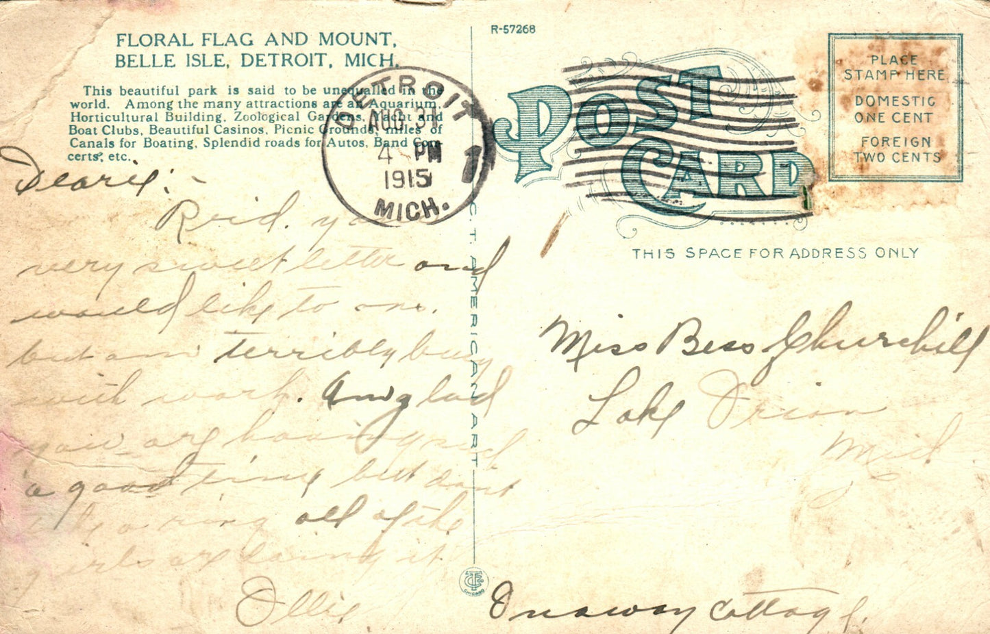 Floral Flag Mount Belle Isle Detroit  MI Michigan Postcard