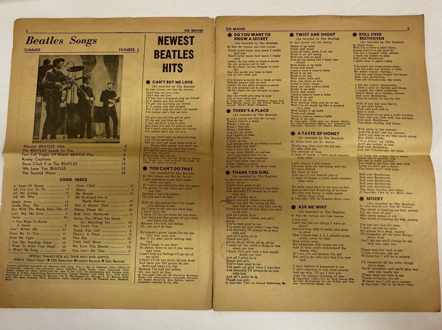 1964 BEATLES SONGS MAGAZINE PUBLICATION BY CHARLTON Vol 1 No 2 