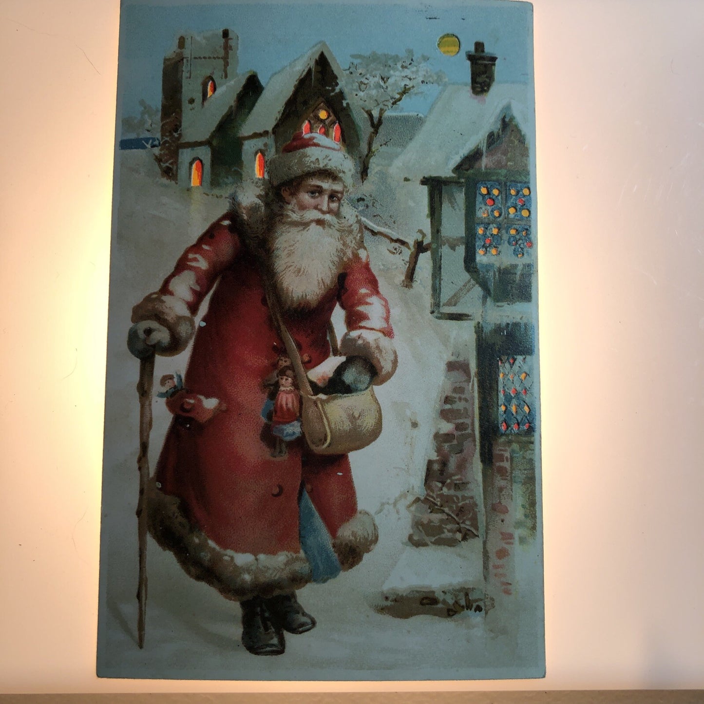 HTL Hold to the Light Santa Claus in Red Robe Holding Cane Christmas Postcard