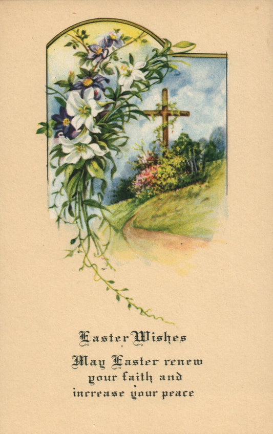 Yellow Background Path To Wood Cross Greenery Easter Wishes Postcard