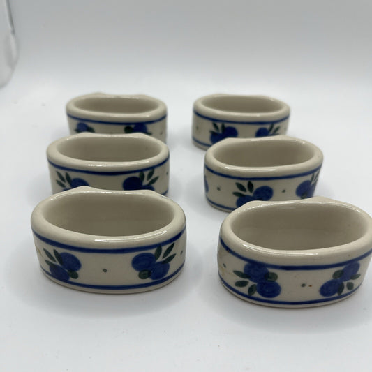 4 Polish Pottery Napkin Rings Hand Painted Floral Blue Cream Yellow