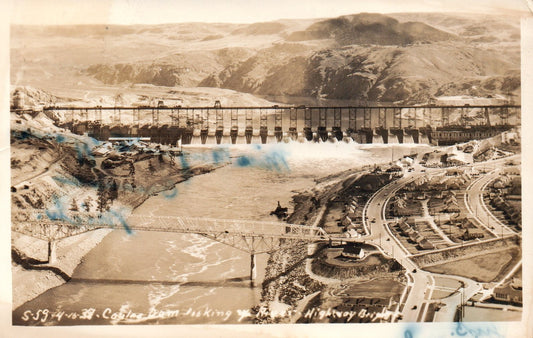 1939 Real Photo  RPPC Coulee Dam  looking UP River Bridge   OR Oregon