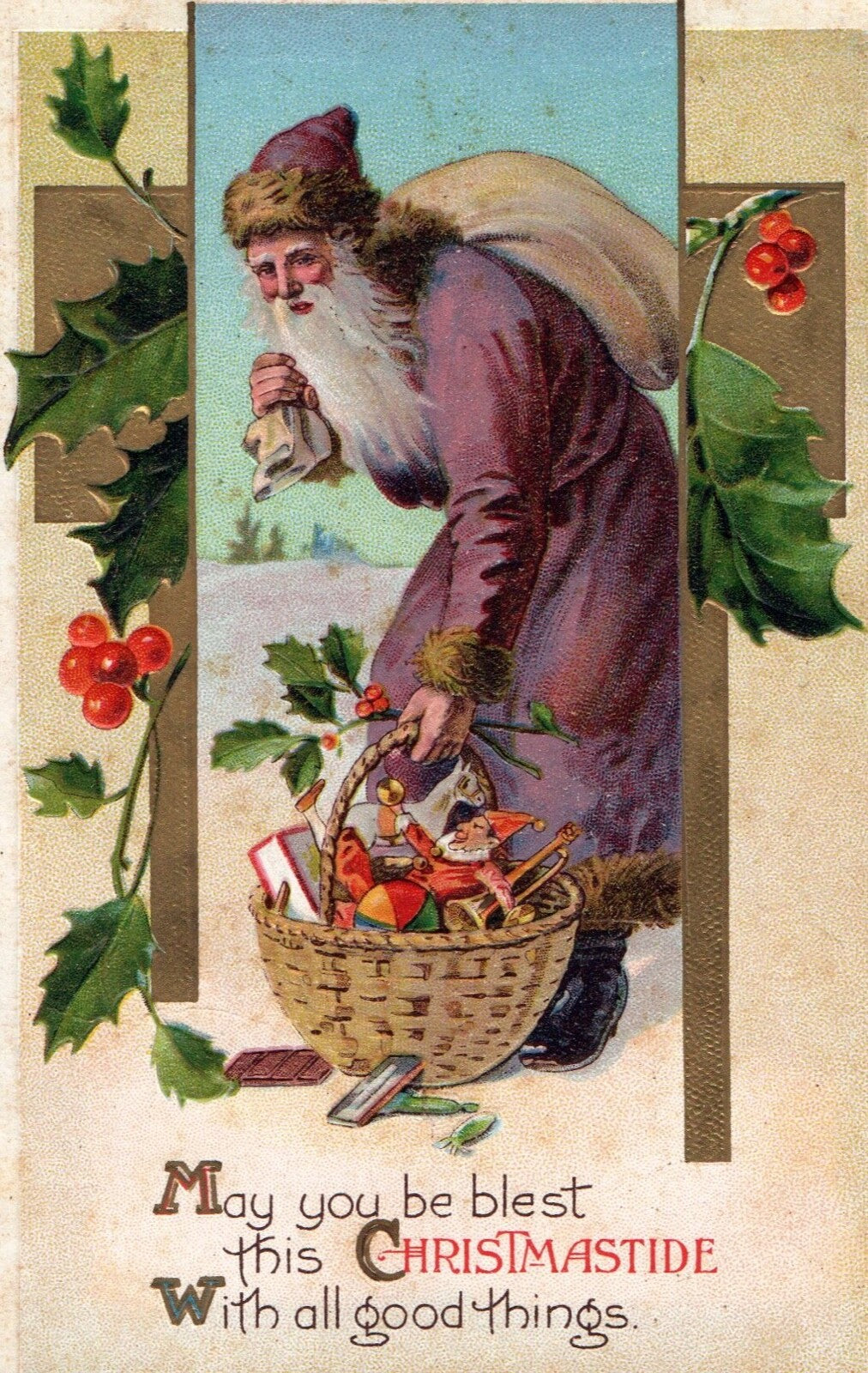 May You Be Blest This Christmastide With All Good Things Vintage Santa Postcard