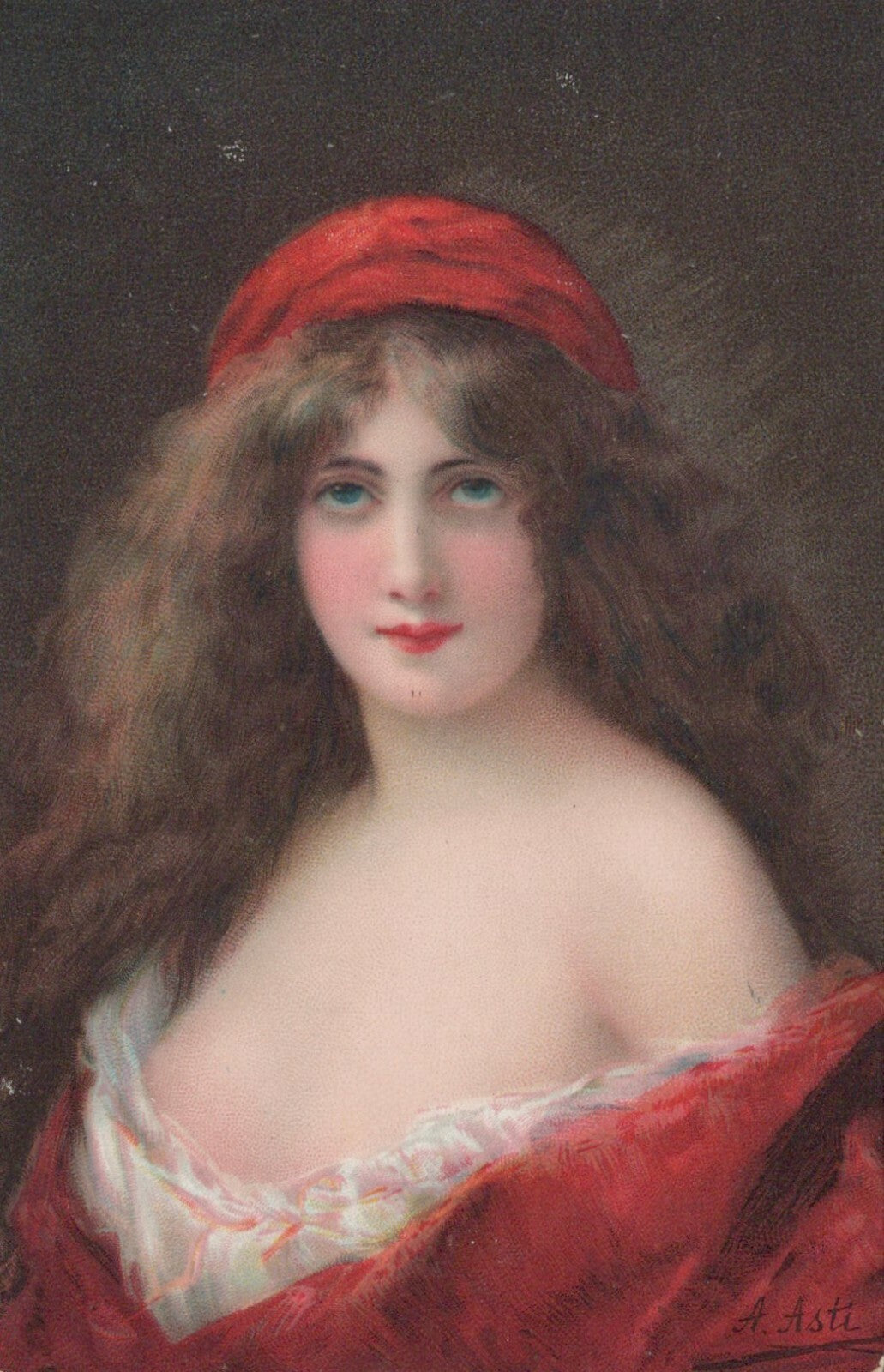 Artist Signed A Asti Pretty Lady with Red Head Scarf and Shawl Serie 505 No 4