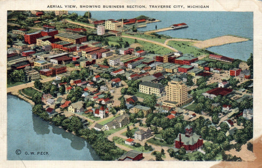 Aerial View, Showing Business Section, Traverse City Michigan MI Postcard 