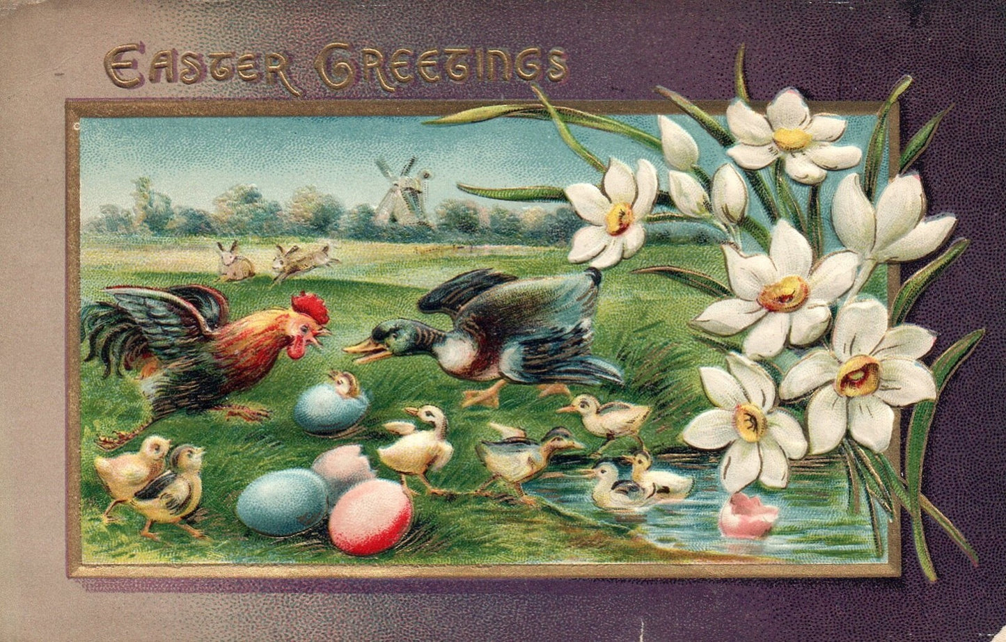 Easter Greetings Rooster & Duck Fighting with babies Vintage Easter Postcard