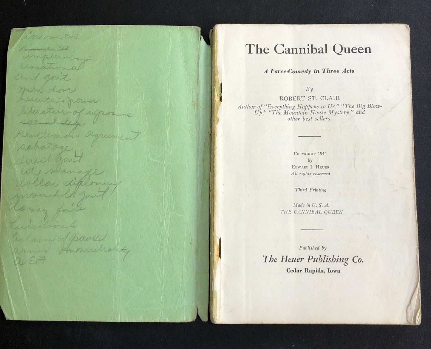 The Cannibal Queen Farce Comedy in Three Acts booklet c1944 Heuer Publishing Co
