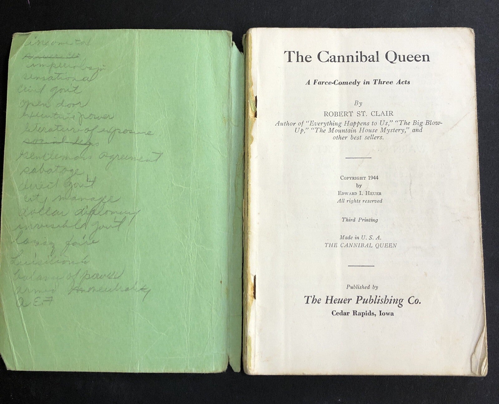 The Cannibal Queen Farce Comedy in Three Acts booklet c1944 Heuer Publishing Co