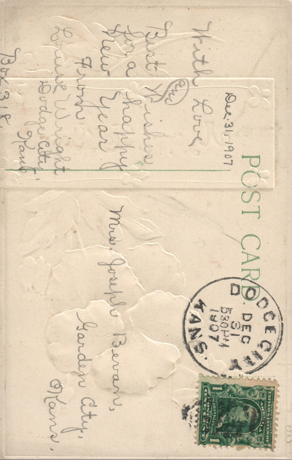 Four Leaf Clover and Blue Flower Happy New Year Postcard 
