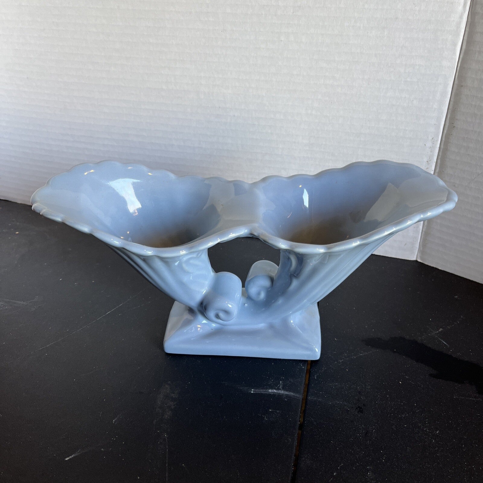 Abingdon Illinois Pottery 11" Double Cornucopias Blue Vase Planter #482