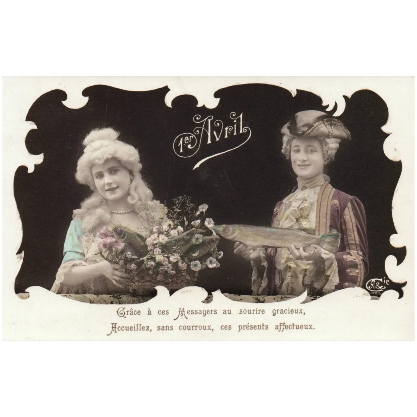 French April 1st Man & Woman Holding Flowers & Fish Vintage April Fools Postcard