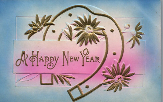 Airbrushed Gold Metallic Horse Shoe Happy New Year Postcard 