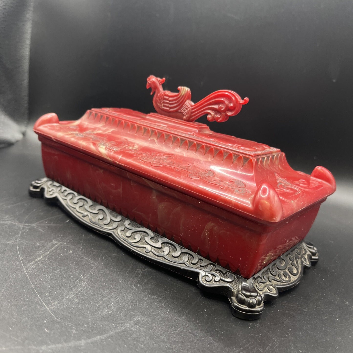 1940s Vintage Asian Red Dragon Celluloid Trinket Jewelry Box 