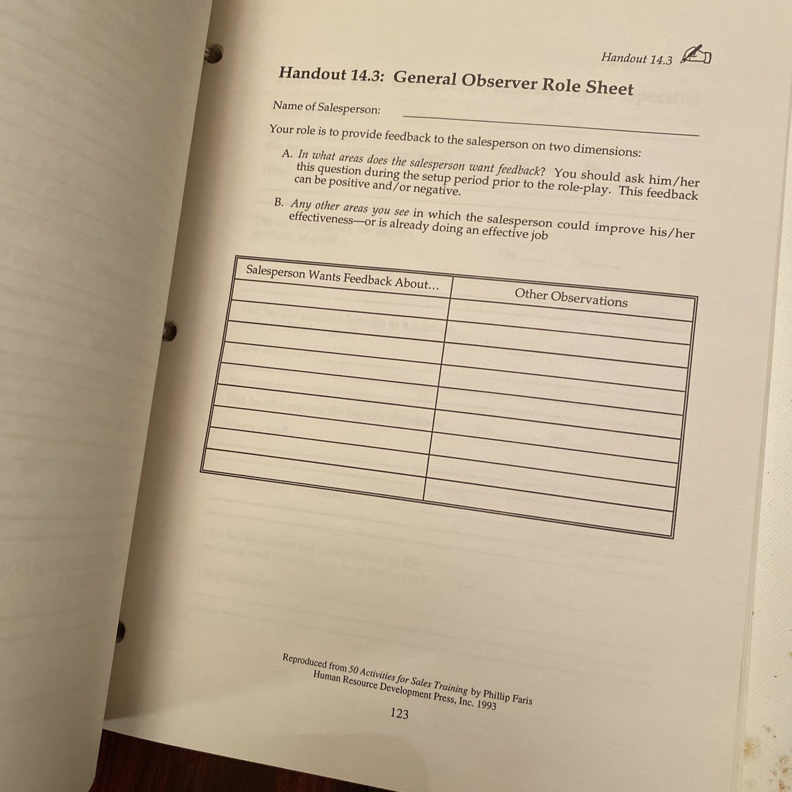 50 Fifty Activities for Sales Training Phillip Faris 1993