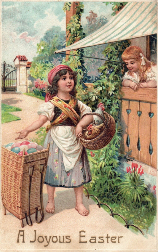 A Joyous Easter Little Girl With Colored Eggs & Hens Vintage Easter Postcard