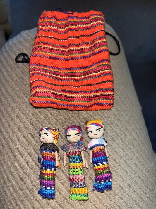 Worry Dolls Large Pouch Contains 3-2" Dolls from Guatemala,Trouble dolls,Mexican
