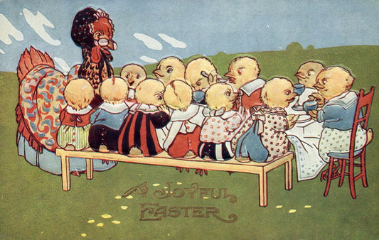 A Joyful Easter Hen Teaching Baby Chicks at Table Vintage Easter Postcard