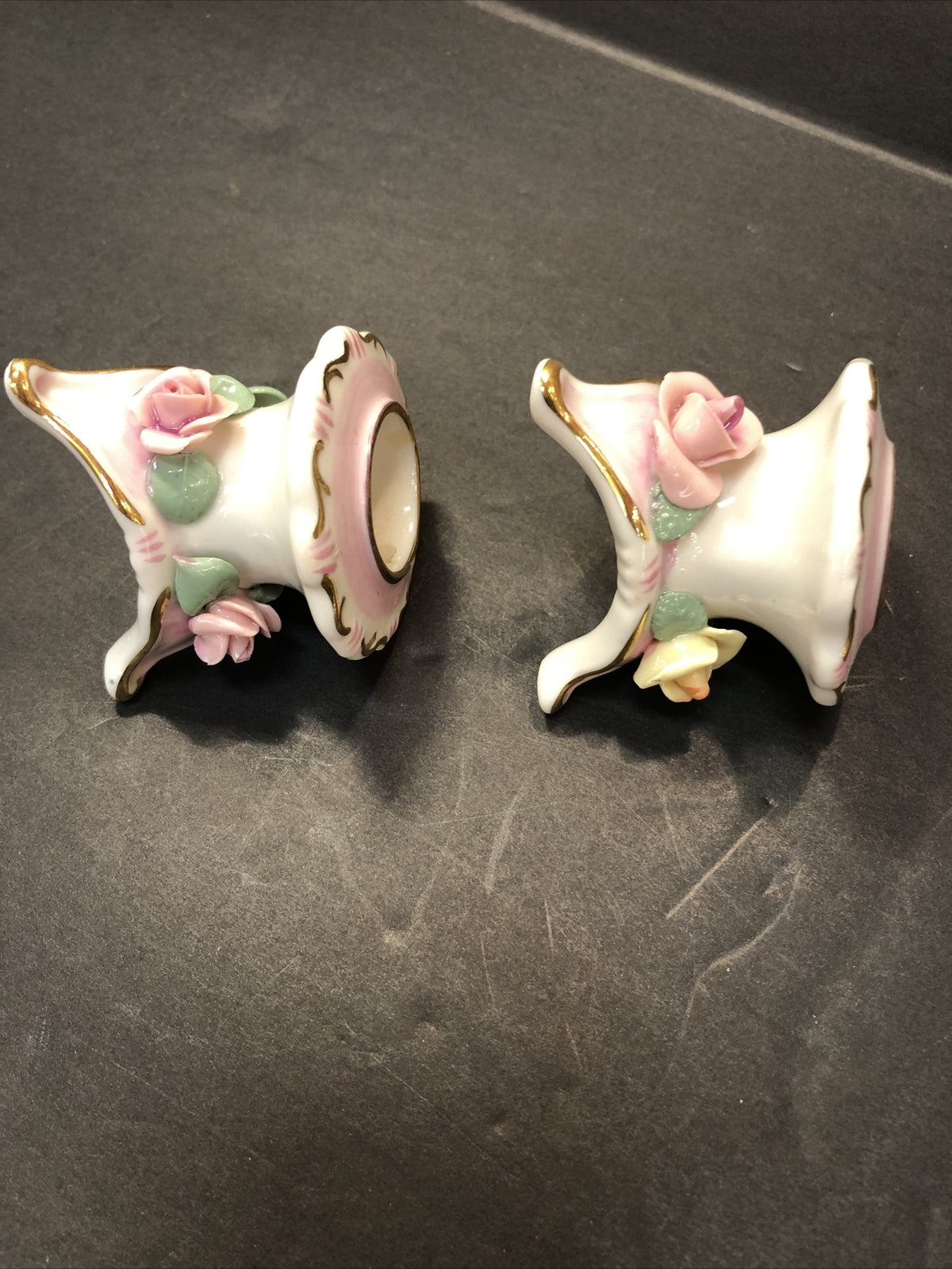 Vintage Set of 2 Italian Capodimonte Pink Floral Rose  Candle Stick Holders