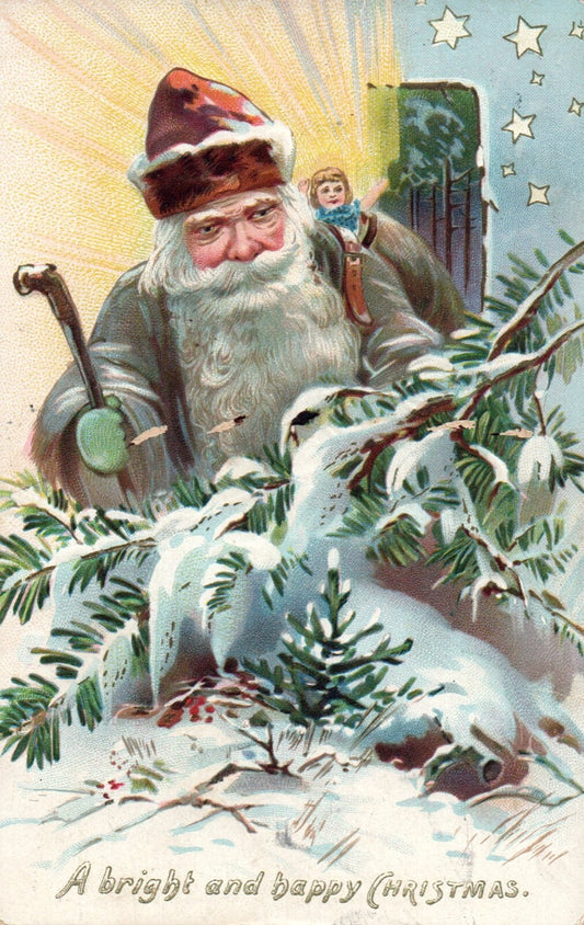 A Bright & Happy Christmas Santa Chopping Down Tree Vintage Santa Postcard