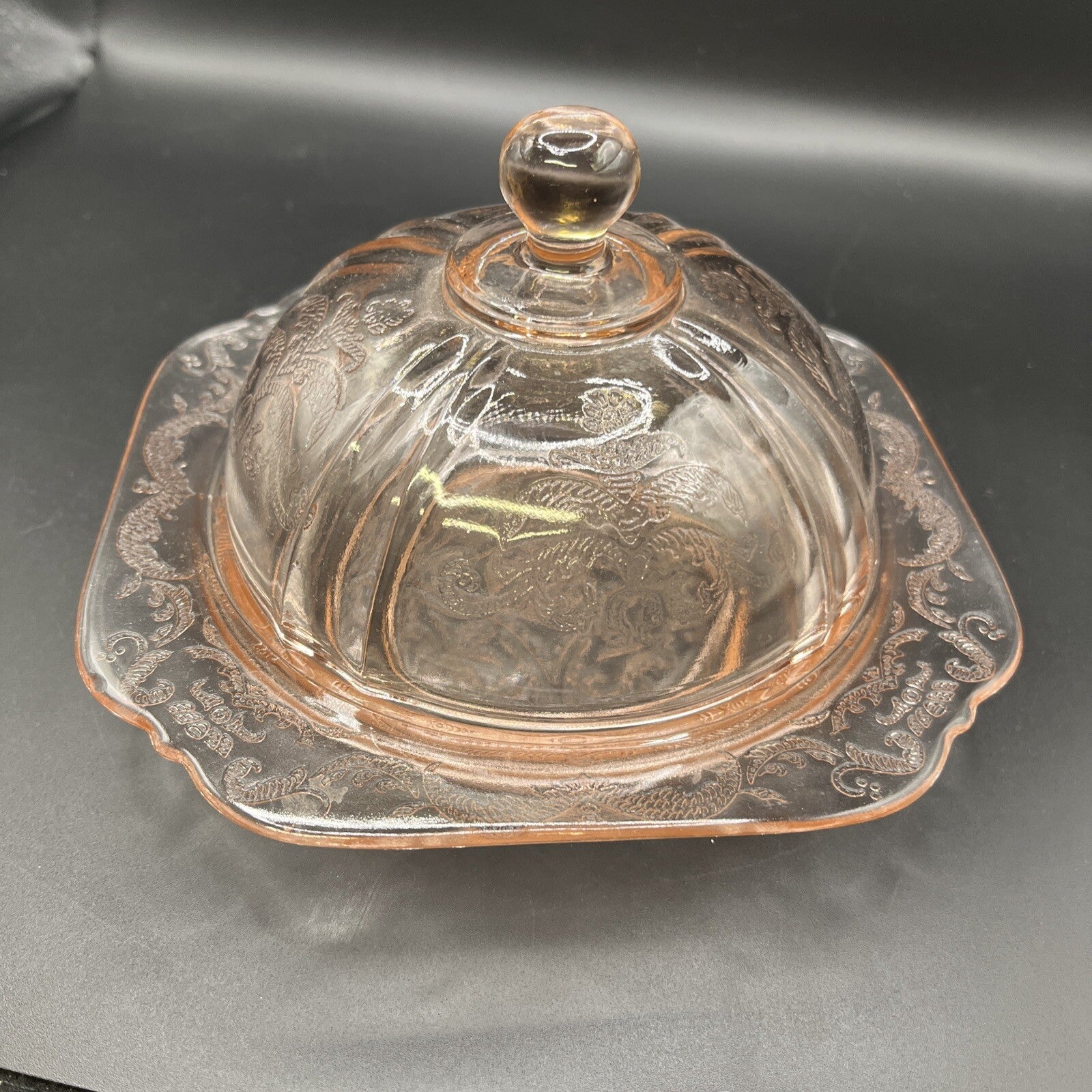 Vintage Madrid Style Pink Depression Glass Reproduction Covered Butter Dish
