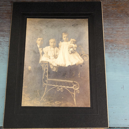 Three Children Boy in Suit Wicker Chair Antique Cabinet Card Photo 8" x 6"
