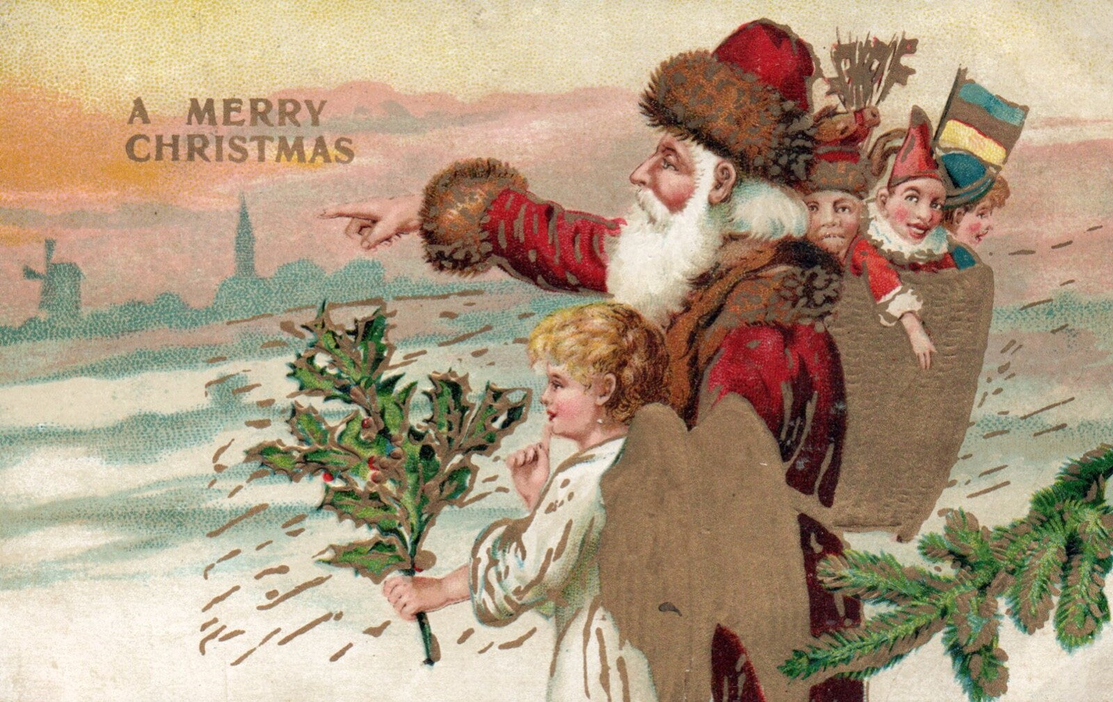 Gold Gilt Sant With Angel Pointing Into Sunrise Beautiful Vintage Santa Postcard