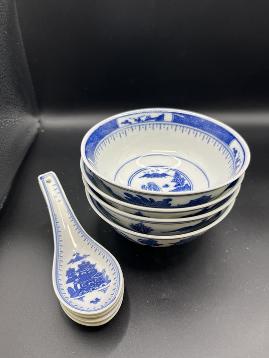 8 PC Chinese Blue White Porcelain Rice Pattern Soup Bowl Matching Spoon