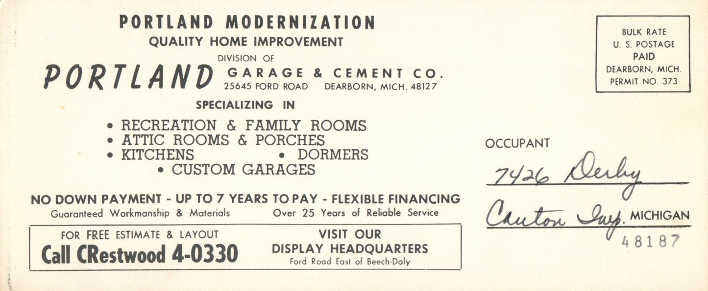 1970's Advertising Portland Garage & Cement Dearborn Michigan MI Panoramic