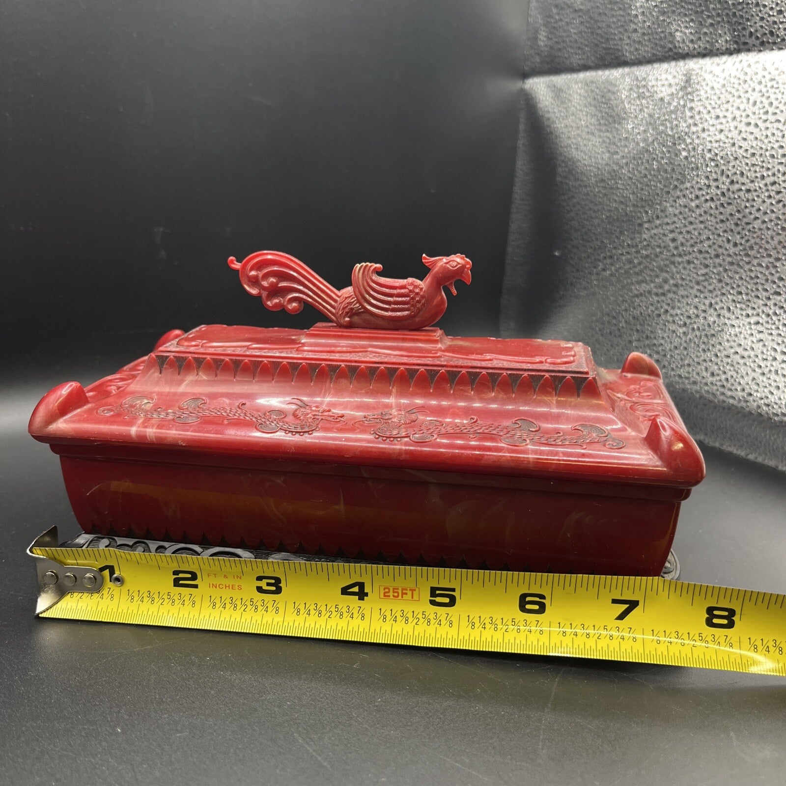 1940s Vintage Asian Red Dragon Celluloid Trinket Jewelry Box 