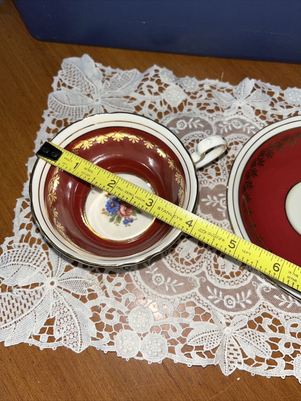 Vintg JOHN AYNSLEY Bone China England Ruby Red Floral Center #C882 Set Cup&Sauce