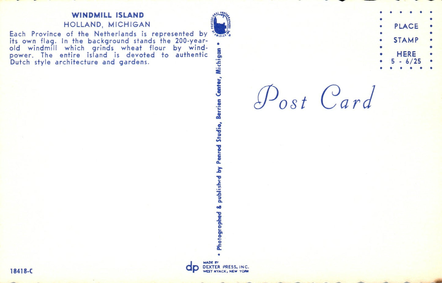 Posthouse Windmill Island Holland MI Michigan Mich Postcard 