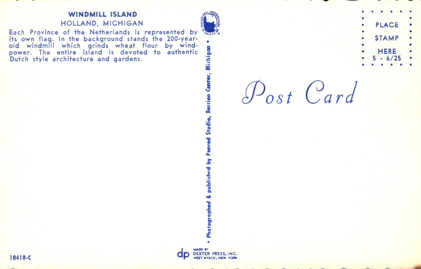 Posthouse Windmill Island Holland MI Michigan Mich Postcard 