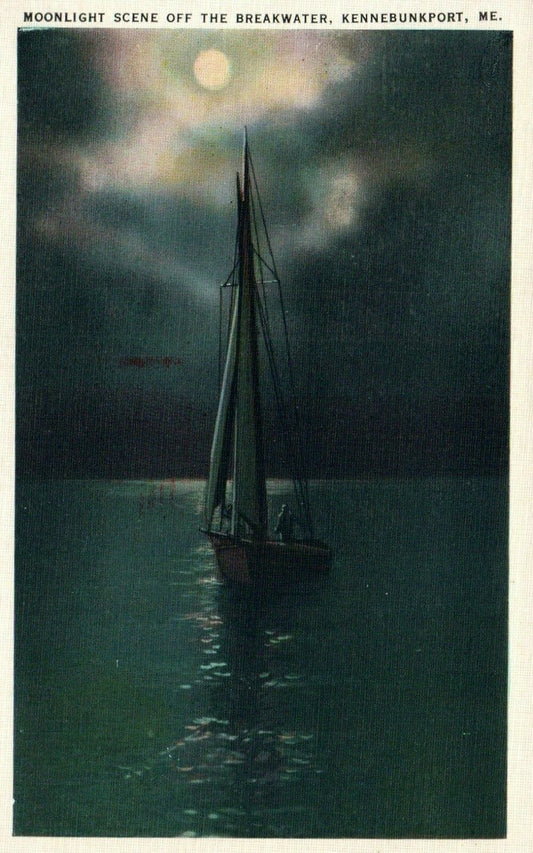 131483 Moonlight Scene Off Breakwater Sailboat Kennebunkport Maine ME Postcard