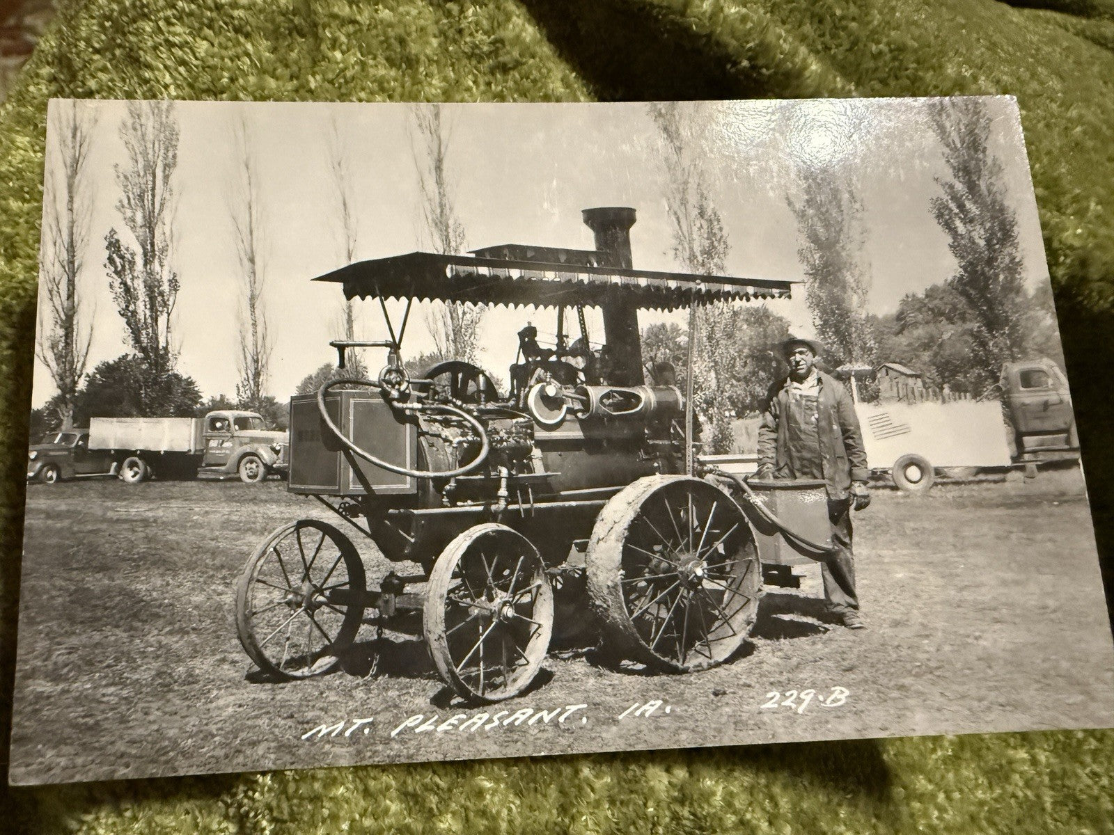 RPPC Real Photo MT PLEASANT IOWA RPPC Postcard OLD Steam  TRACTOR 229-B
