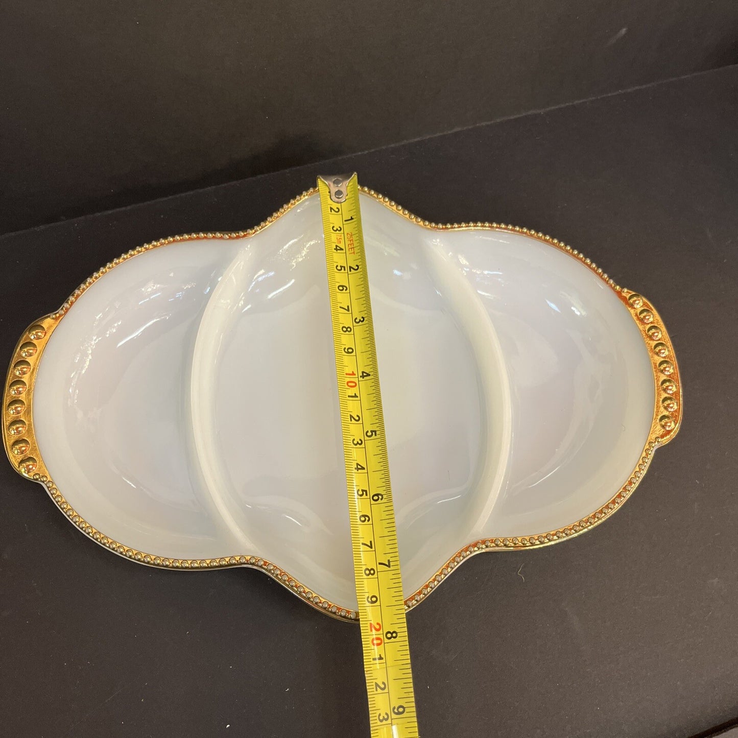 Vintage  Relish Tray Fire-King 3-Section - Milk Glass Divided Gold Bead Trim