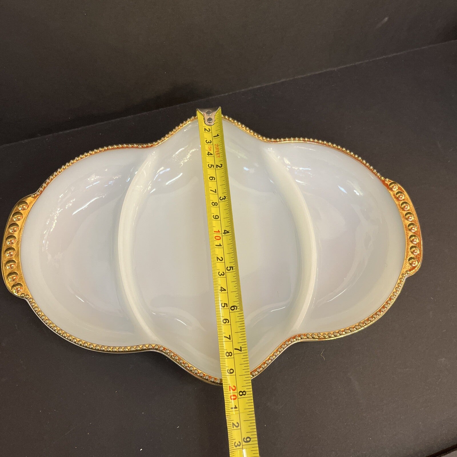 Vintage  Relish Tray Fire-King 3-Section - Milk Glass Divided Gold Bead Trim